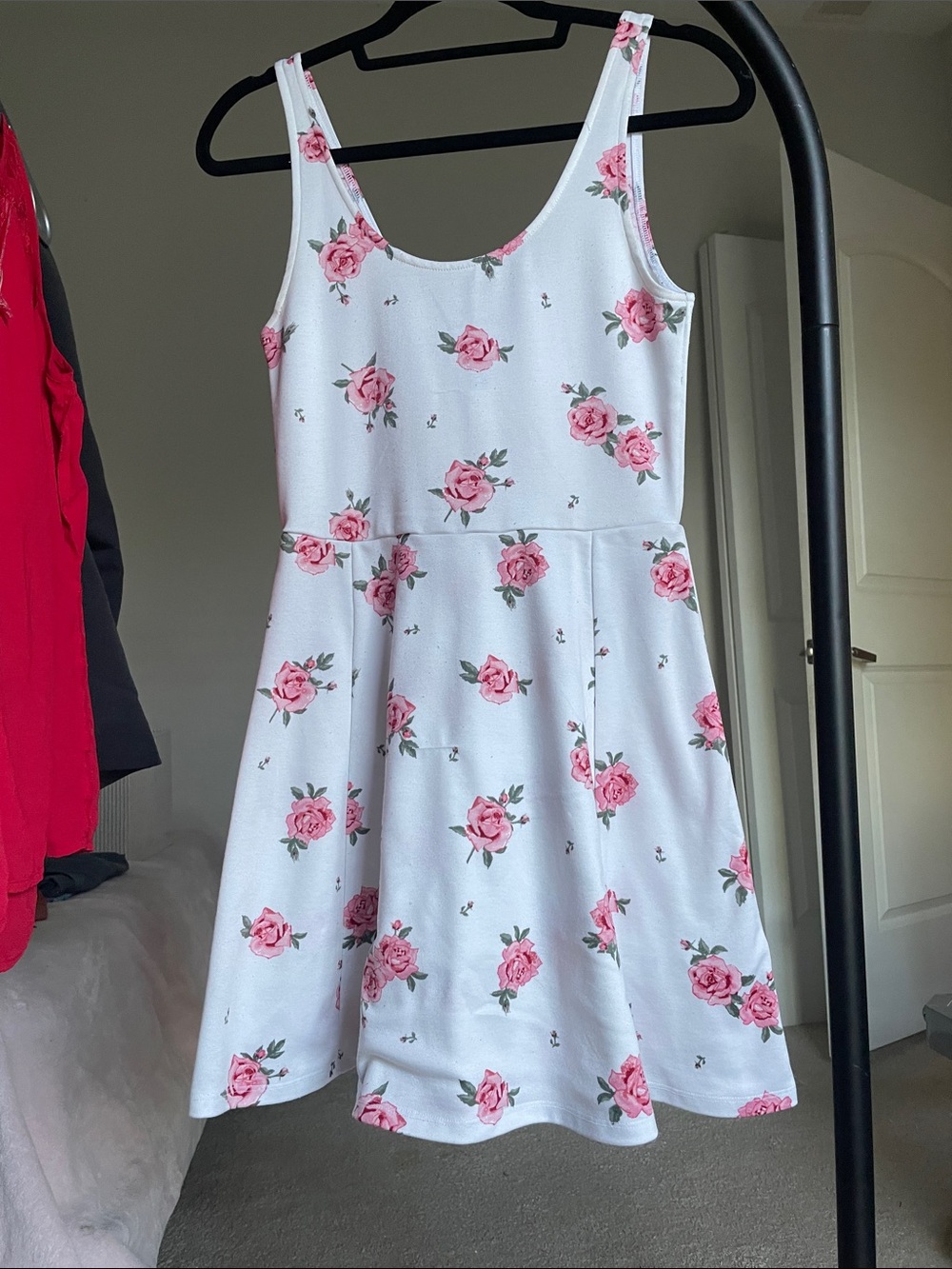 H&M White Tank Dress with Pink Rose Print